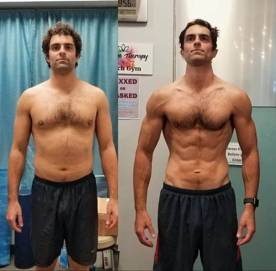 Client before and after: visible fat loss and muscle definition gained