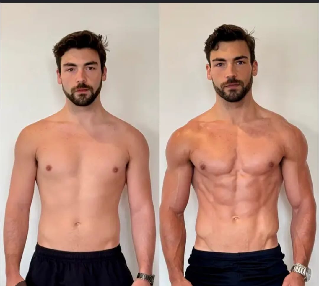 Client before and after: significant lean muscle gained across chest, shoulders and arms
