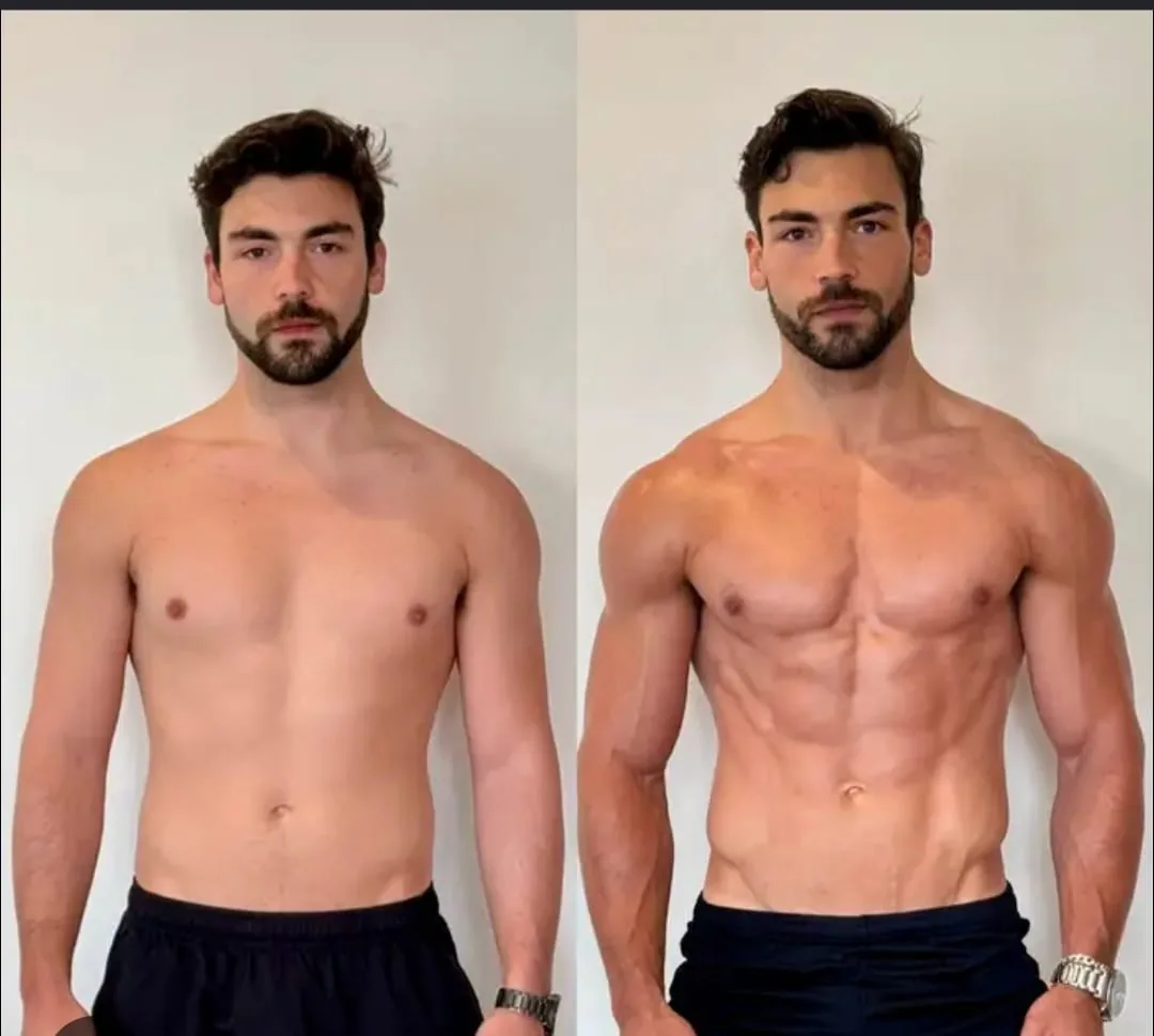 Client before and after: significant lean muscle gained across chest, shoulders and arms